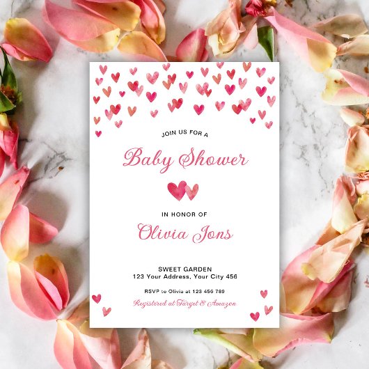 Invitation Baby shower Coeurs roses