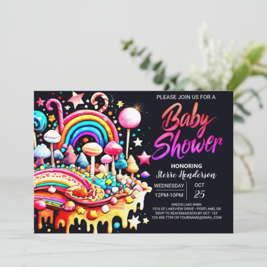 Invitation Baby shower coloré de fête douce (Debout devant)