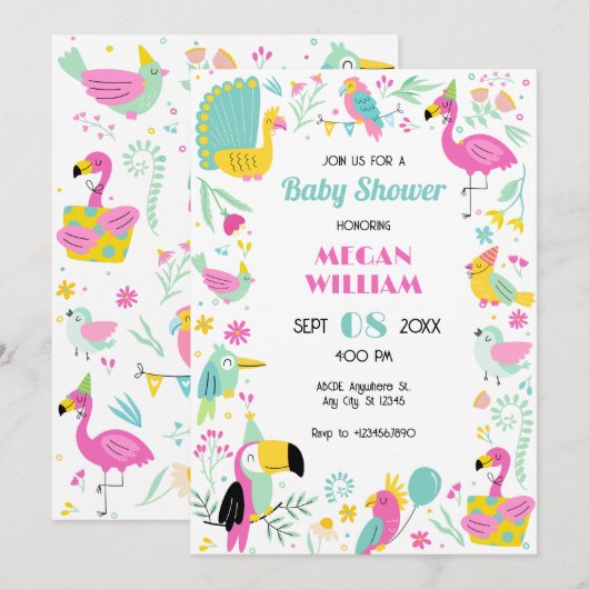 Invitation Baby shower coloré d'oiseaux tropicaux (Devant / Derrière)