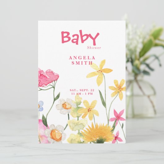 Invitation Baby shower coloré Fleur sauvage doux (Debout devant)