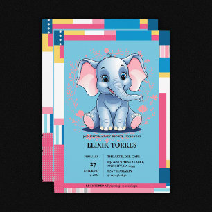 Invitation Baby shower coloré Jungle Blue Elephant