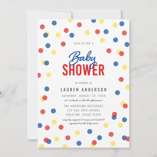 Invitation Baby shower Confetti bleu rouge jaune (Devant)