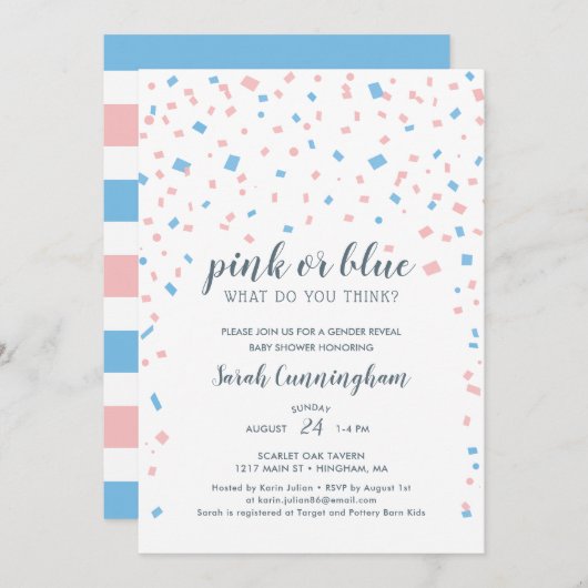 Invitation Baby shower Confetti de la révélation de genre ros (Devant / Derrière)