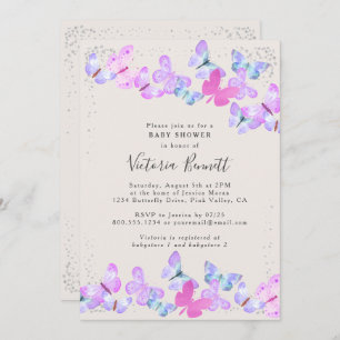 Invitation Baby shower Confetti en argent rose papillon