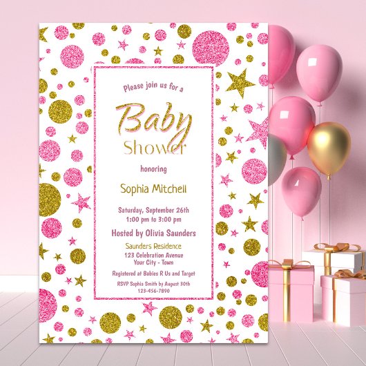 Invitation Baby shower Confetti en or rose