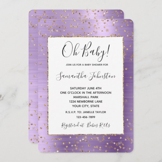 Invitation Baby shower Confetti en or violet Glam (Devant / Derrière)