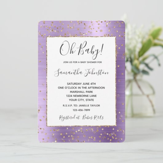 Invitation Baby shower Confetti en or violet Glam (Debout devant)