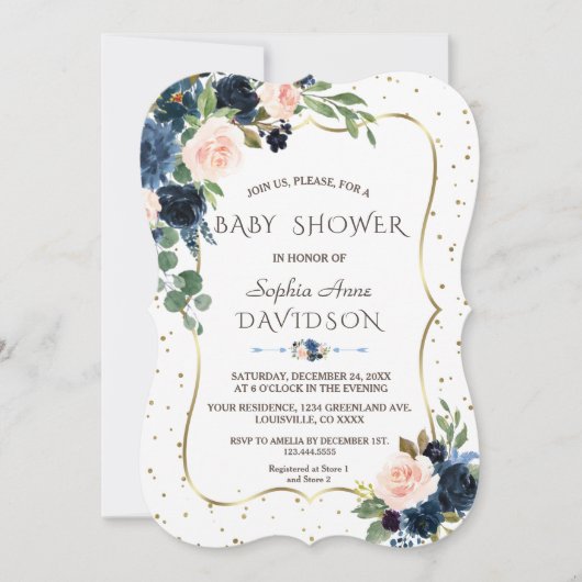 Invitation Baby shower Confetti Parties scintillant or bleu r (Devant)