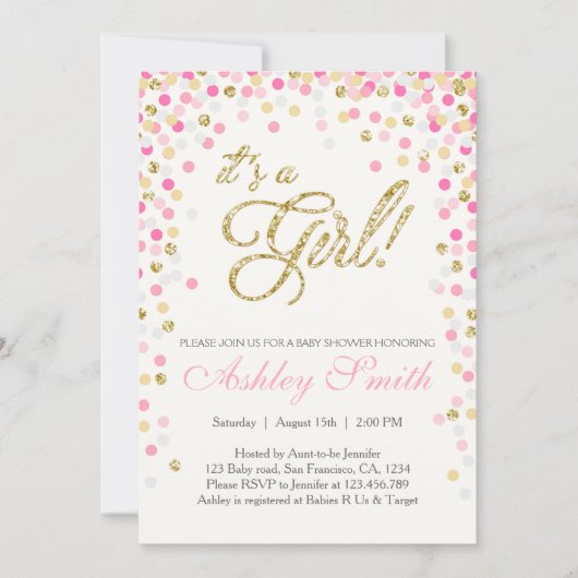 Invitation Baby shower Confetti Parties scintillant or rose I (Devant)