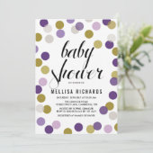 Invitation Baby shower Confetti Pois violet et or (Debout devant)