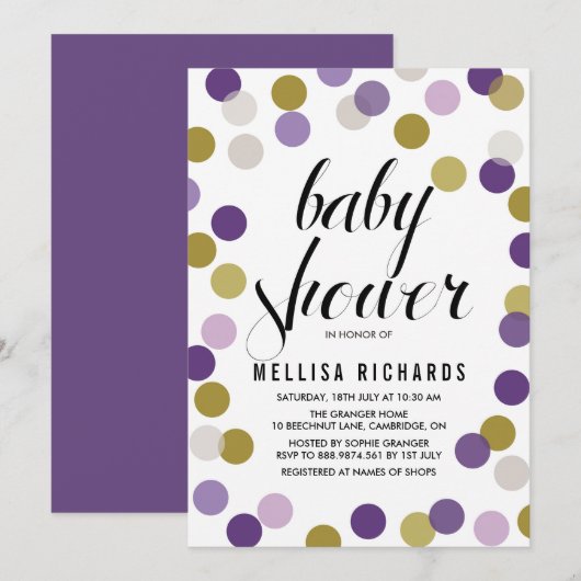 Invitation Baby shower Confetti Pois violet et or (Devant / Derrière)