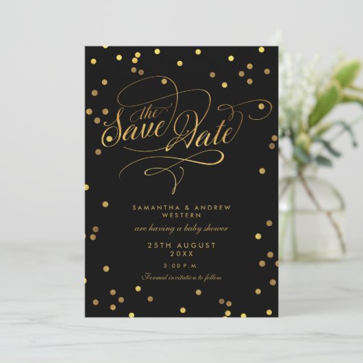 Invitation Baby shower Confetti Script Fancy Enregistrer la d (Debout devant)