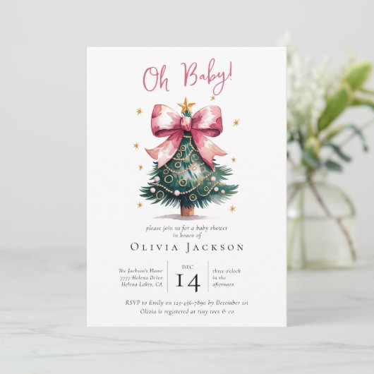 Invitation Baby shower Coquette Christmas Tree Bow (Debout devant)