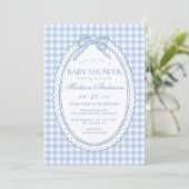Invitation Baby Shower Coquette Nœud Gingham Bleu (Debout devant)
