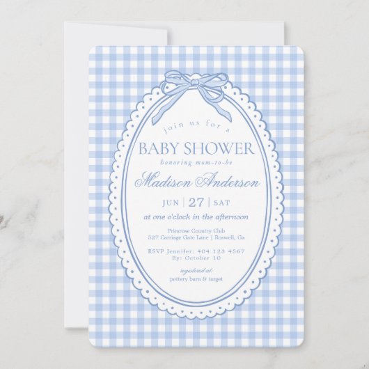 Invitation Baby Shower Coquette Nœud Gingham Bleu (Devant)