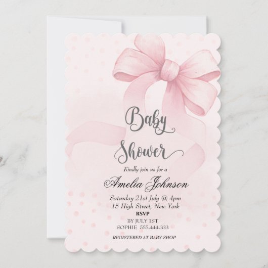 Invitation Baby shower coquette rose blanc et bow (Devant)
