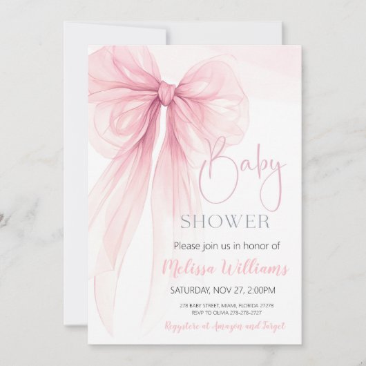 Invitation Baby shower Coquette rose Bow (Devant)