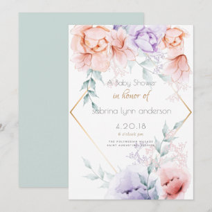 Invitation Baby shower   Corail et Lilac Aquarelle Floral
