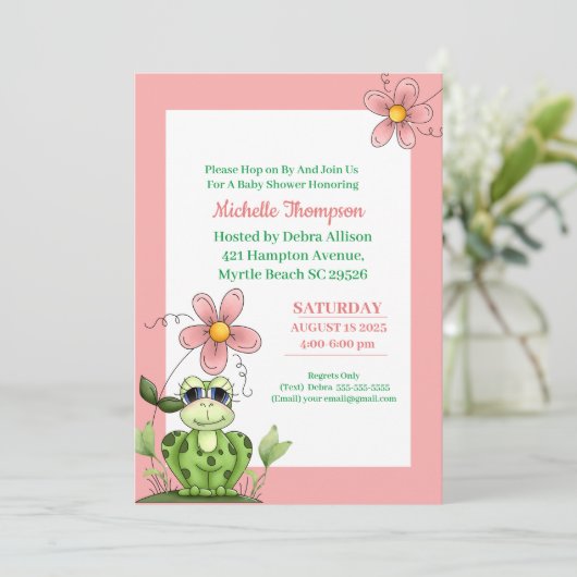 Invitation Baby shower corail mignon et grenouille verte Invi (Debout devant)