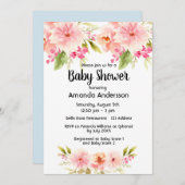 Invitation Baby shower corail pêche dahlia fleurs bleu garçon (Devant / Derrière)