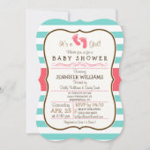 Invitation Baby shower Coral, Aqua & White Stripes (Devant)
