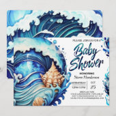 Invitation Baby shower côtier des Coquillages Bleus Profonds (Devant / Derrière)