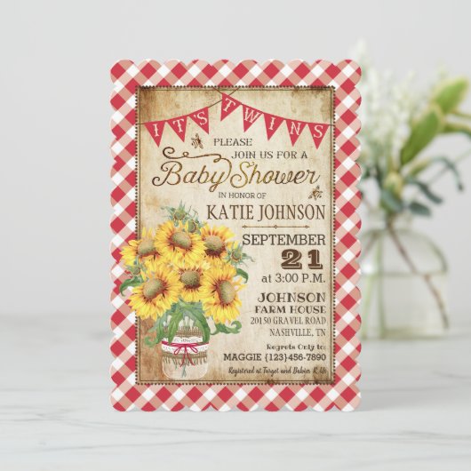 Invitation Baby shower Country Sunflowers En vichy Check Twin (Debout devant)