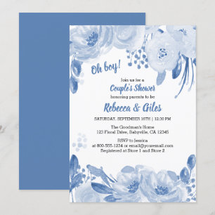Invitation Baby Shower Couple Fleurs Aquarelle Bleu Poussiére