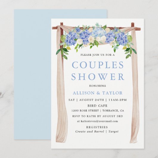 Invitation Baby Shower Couple Fleurs Aquarelle Bleue Hydrange (Devant / Derrière)