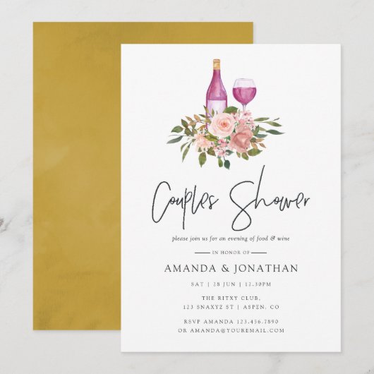 Invitation Baby Shower Couple Floral Blush et Or Dégustation (Devant / Derrière)