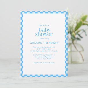 Invitation Baby Shower Couple Tout en Un Bleu Vérifié Rétro