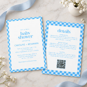 Invitation Baby Shower Couple Tout en Un Bleu Vérifié Rétro