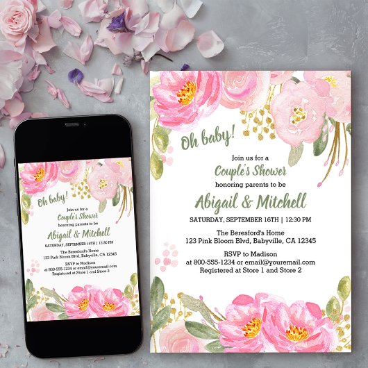 Invitation Baby shower Couples couleur or rose Floral