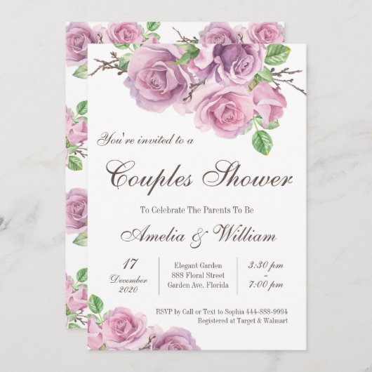 Invitation Baby shower Couples Douche, Couples Violets (Devant / Derrière)