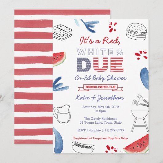Invitation Baby shower Couples Red White et Due Blue Co-Ed (Devant / Derrière)