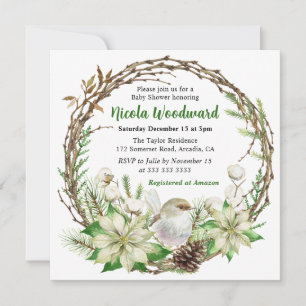 Invitation Baby-Shower Couronne de Robin blanc et de Poinsett