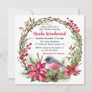 Invitation Baby Shower Couronne de Robin Rose et de Poinsetti
