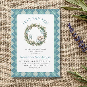 Invitation Baby Shower Couronne Florale de Golf Argyle Bleu