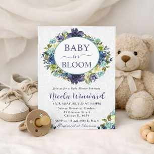 Invitation Baby Shower Couronne Navy et Bleu Aquarelle