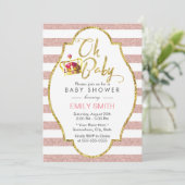 Invitation Baby shower Couronne or & rose rayures modernes (Debout devant)