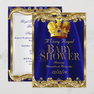 Invitation Baby-Shower Couronne Royale Bleue Gemme Or Neutre