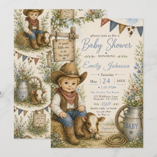 Invitation Baby Shower Cow-Boy (Devant / Derrière)