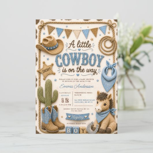 Invitation Baby Shower Cow-boy (Debout devant)