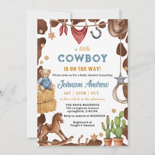 Invitation Baby Shower CowBoy Bleu Rustique (Devant)
