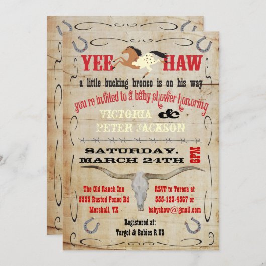 Invitation Baby shower Cowboy Bucking Bronco Couples (Devant / Derrière)