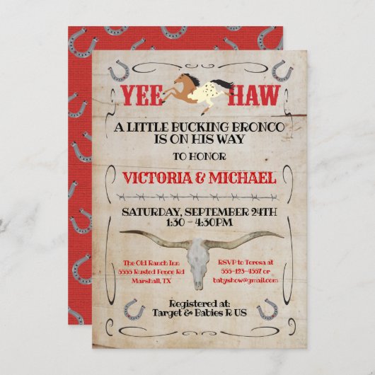 Invitation Baby shower Cowboy Bucking Bronco Couples (Devant / Derrière)