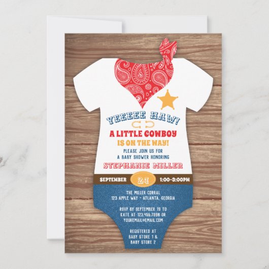 Invitation Baby shower Cowboy, Impression Vache, P (Devant)