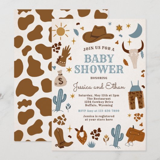 Invitation Baby shower Cowboy Wild West Rodeo Ranch (Devant / Derrière)