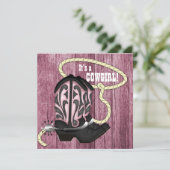 Invitation Baby shower cowgirl en bois rose (Debout devant)