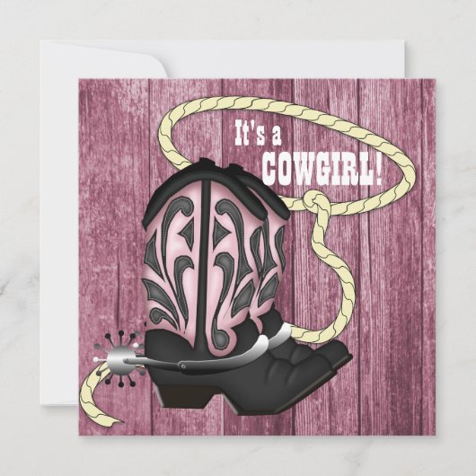 Invitation Baby shower cowgirl en bois rose (Devant)